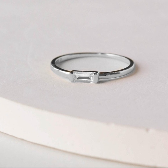 Minimalist Emerald Cut Gem Rectangle Sterling Silver Stacking Ring - Picture 1 of 15